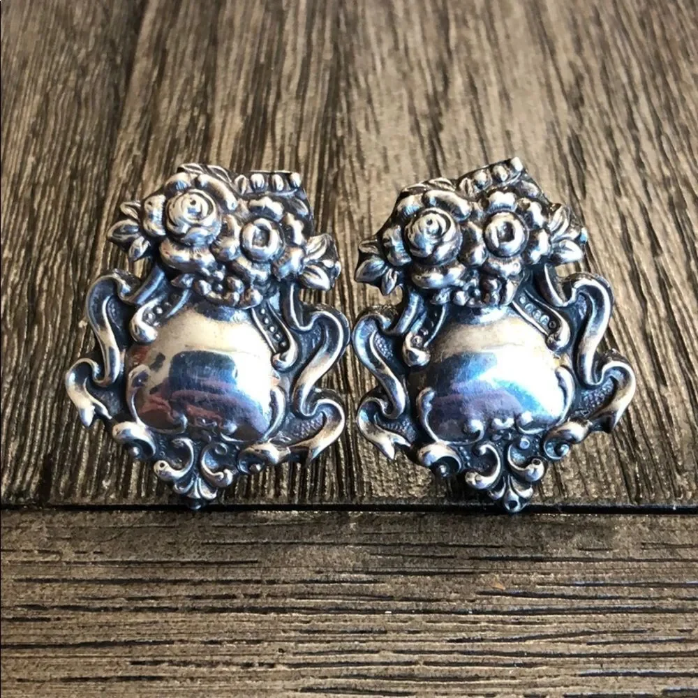 Sterling Silver Repousse Clip Earrings Baroque